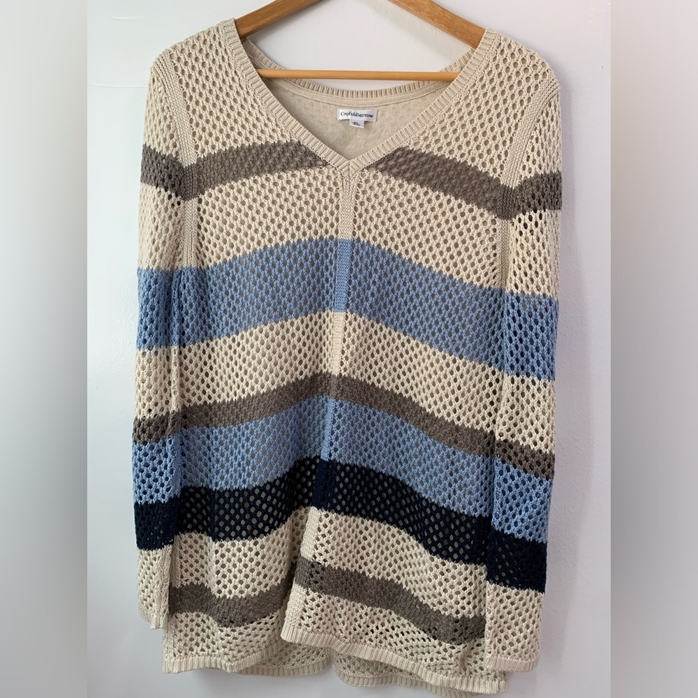 Croft & Barrow Women's Striped V-Neck Sweater - Blue, Beige, and Black